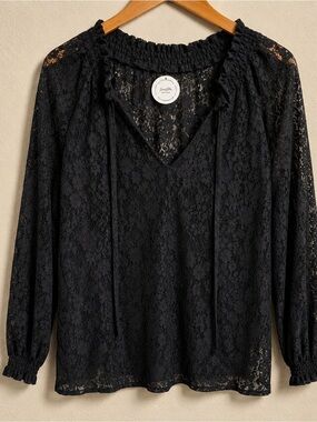 New Black Sheer Lace V-Neck Blouse with Smocked Neckline